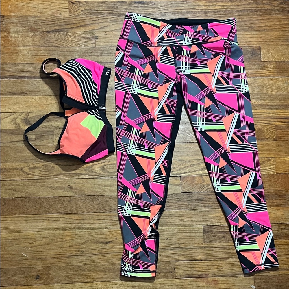 VSX colorblock Leggings with neon Geometric Design broken zip matching bra